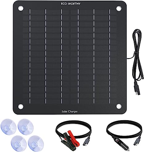 ECO-WORTHY Solar Car Battery & Trickle Charger 5W Solar Panel Power 12V Batteries Maintainer Portable Waterproof Built-in Blocking Diode for Automotive Lawn Mower Camping Car Boat Motorcycles Truck